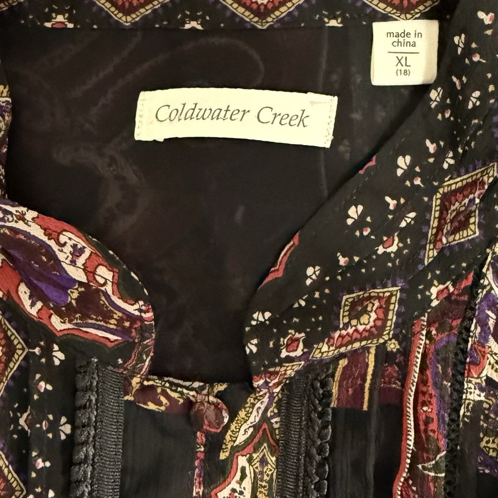 Coldwater Creek Top Women's XL Black Multicolor Boho Floral Embroidered Shirt - Picture 6 of 9